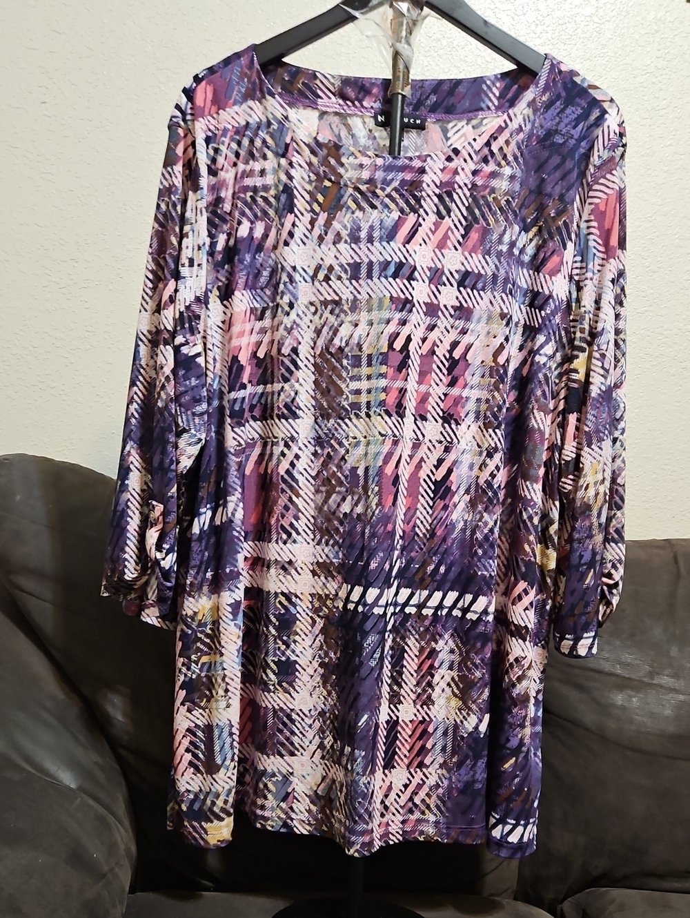 Relaxed Purple Plaid Print Long-Sleeve Tunic Top